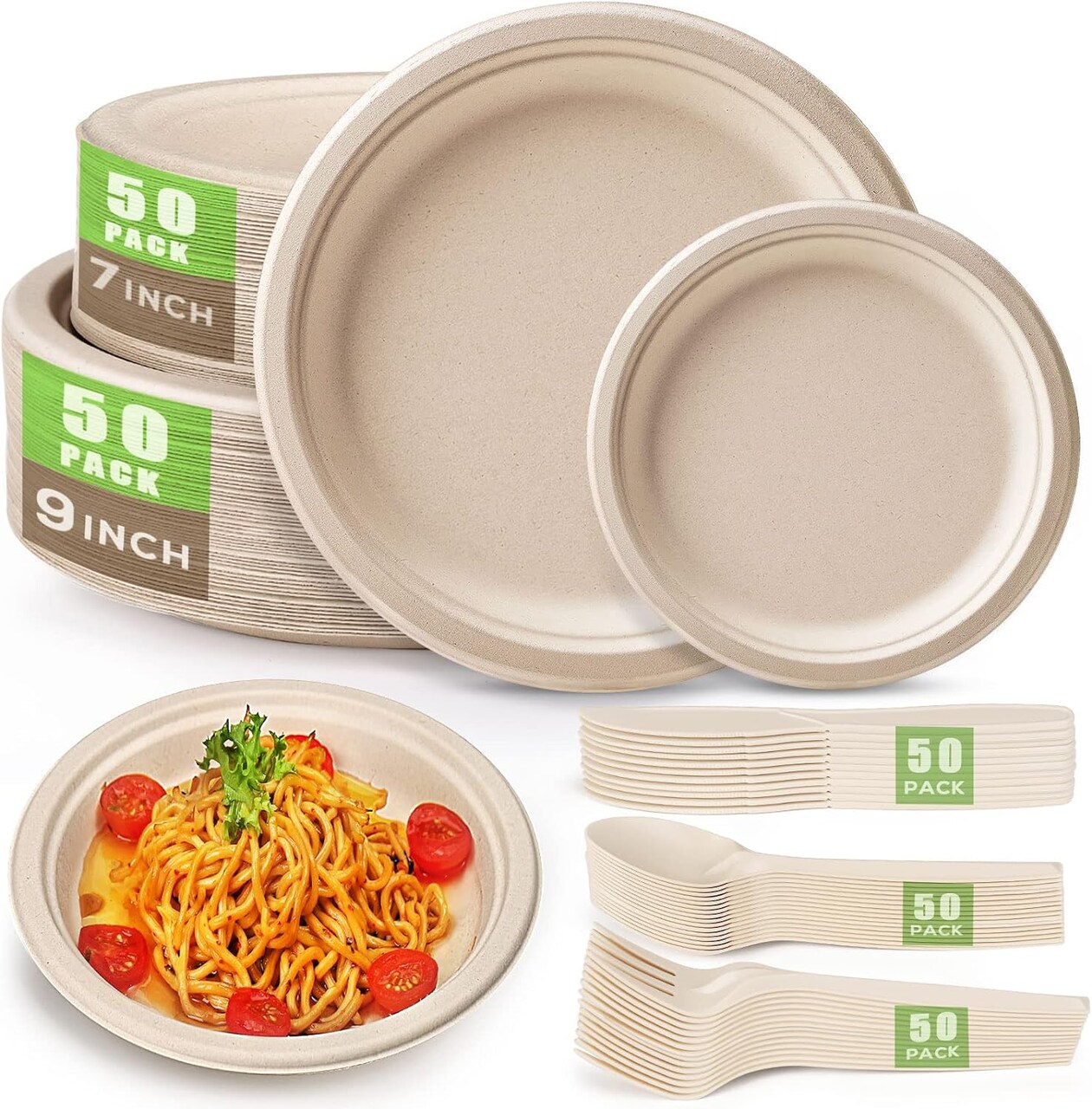 250-piece disposable paper plates set, made from compostable sugarcane material. This eco-friendly dinnerware kit includes 50 biodegradable plates, forks, knives, and spoons, making it perfect for birthday parties, camping, or any outdoor event. Visi